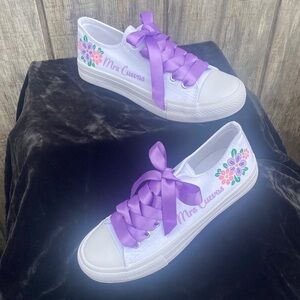 Custom White Sneakers with Purple Laces Floral Design Mrs. Cuevas Size 39 (US 8)